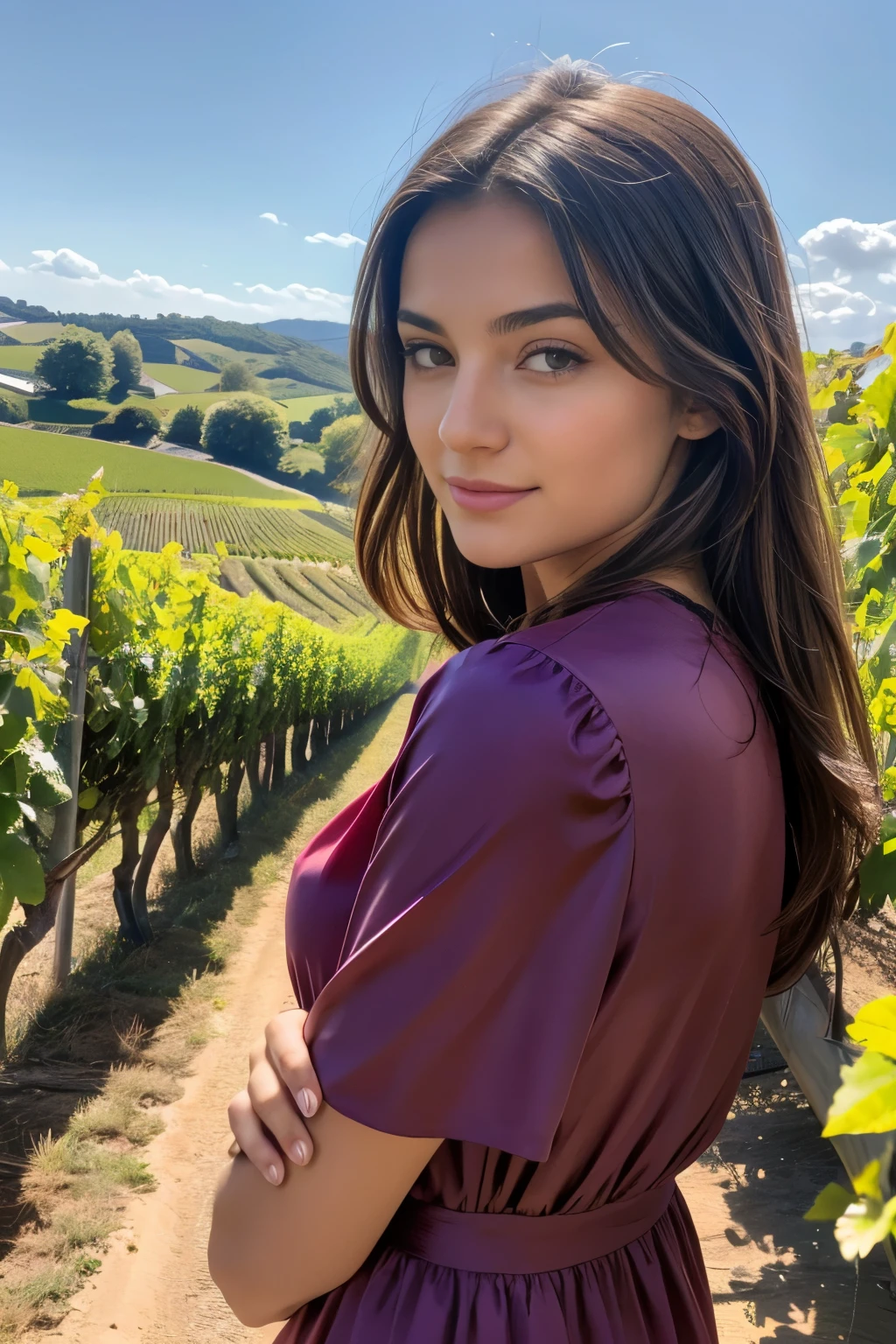 jeune femme brune, regarde la camera, dans les vignes, avec un beau temps, habillé en robe de couleur clair