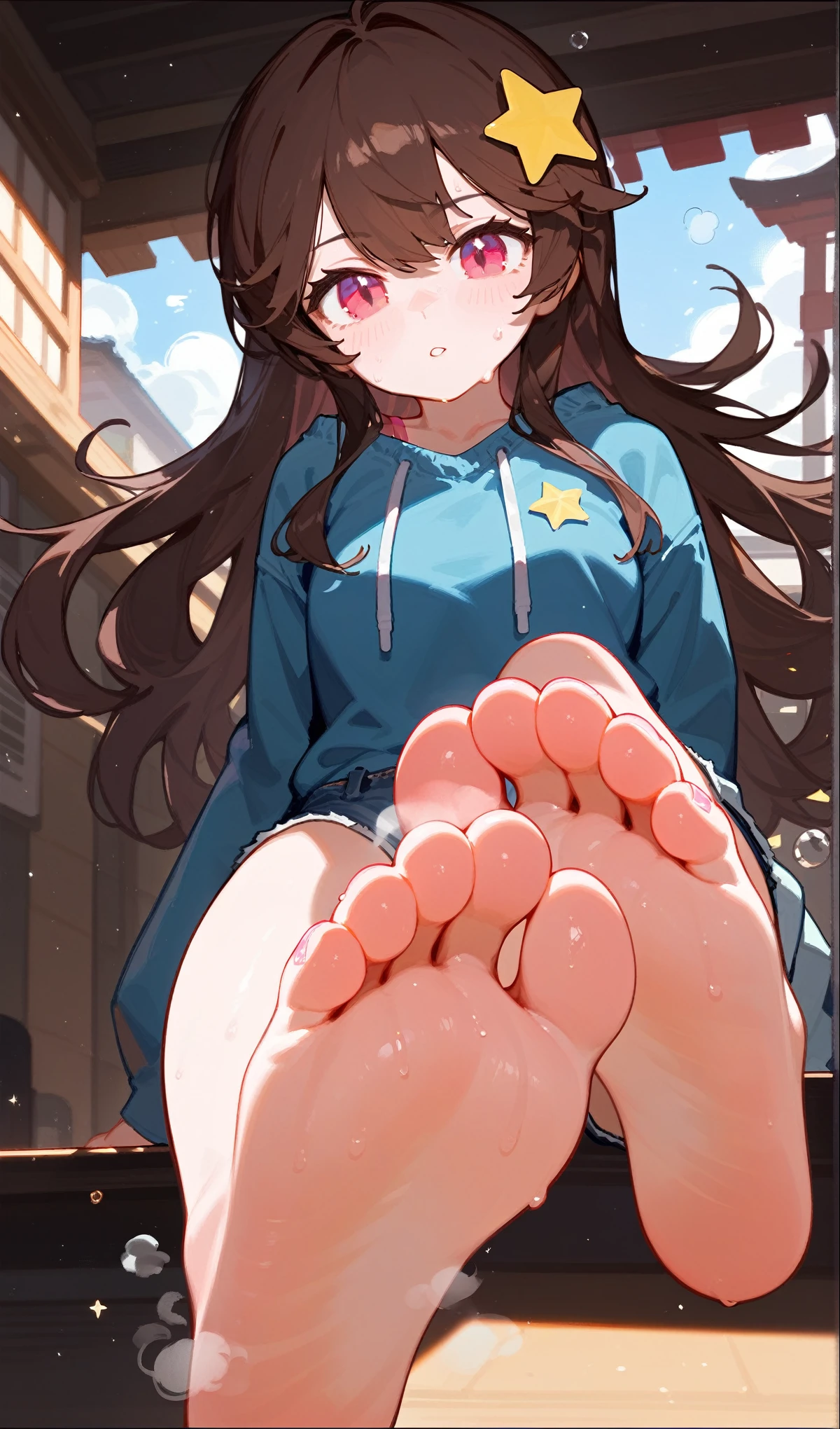 A woman reveals the soles of her feet,Denim shorts,There are bangs between the eyes,Pink off-shoulder T-shirt,Long hair,Brown hair,Anatomically correct, Sweating on the soles of the feet,Steam around feet,Pink Eyes,There is a yellow five-pointed star in the hair,There is a sneaker next to it