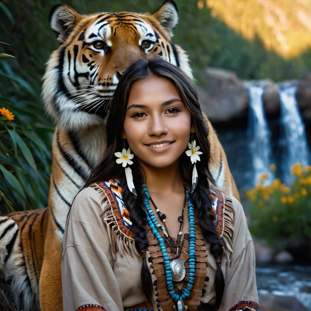 (grainy:0.5), cinematic, beautiful girl 25 year old,native american,fantasy,(solo:1.3), detailed brown eyes, detailed face, detailed native American sexy clothing , volumetric lighting, dusk, extremely detailed background, standing next to trees, mountains, flowers, water fall, smiling, half closed eyes, tilted head, from side, sitting next to her tiger
