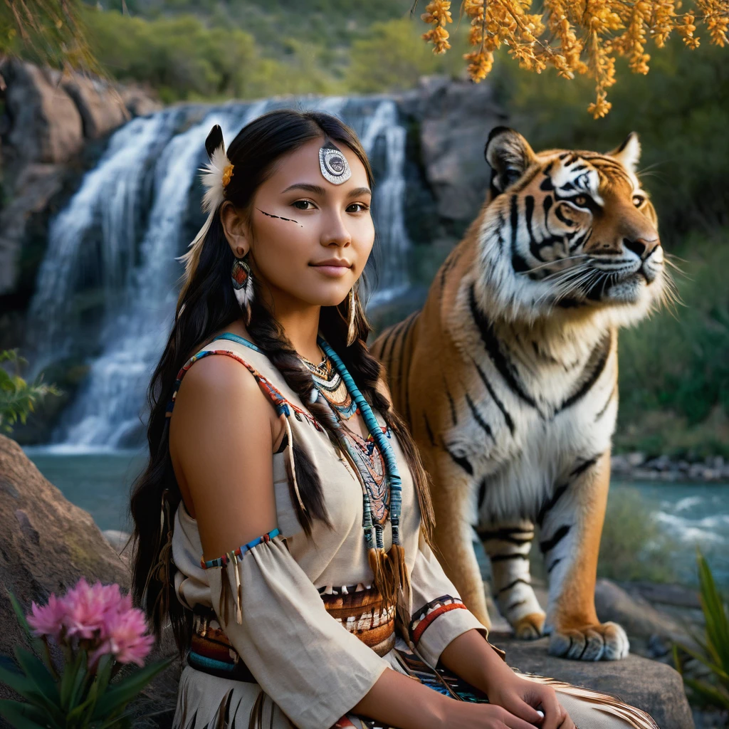 (grainy:0.5), cinematic, beautiful girl 25 year old,native american,fantasy,(solo:1.3), detailed brown eyes, detailed face, detailed native American sexy clothing , volumetric lighting, dusk, extremely detailed background, standing next to trees, mountains, flowers, water fall, smiling, half closed eyes, tilted head, from side, sitting next to her tiger