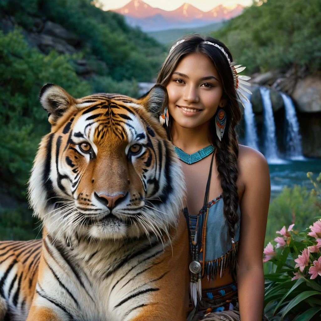 (grainy:0.5), cinematic, beautiful girl 25 year old,native american,fantasy,(solo:1.3), detailed brown eyes, detailed face, detailed native American sexy clothing , volumetric lighting, dusk, extremely detailed background, standing next to trees, mountains, flowers, water fall, smiling, half closed eyes, tilted head, from side, sitting next to her tiger