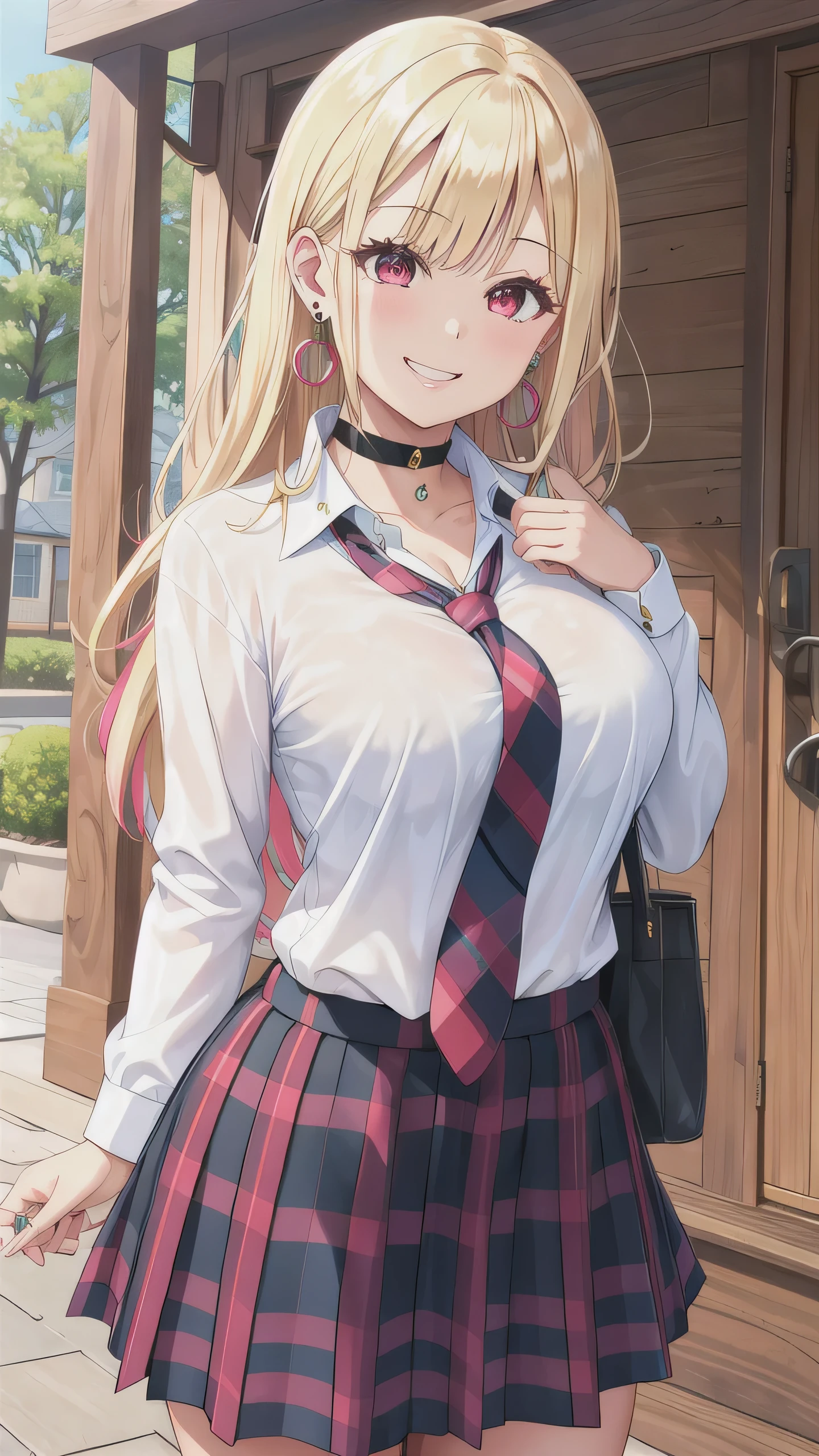 masterpiece, best quality, highres, kitagawa marin, 1girl, blonde hair, long hair, multicolored hair, red eyes, jewelry, earrings, piercing, , white shirt, tied shirt, black choker, blue necktie, plaid skirt, grin, smile, standing, cowboy shot, outdoors, 