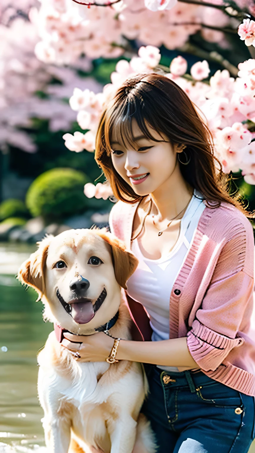 (((Perfect Anatomy))),((A beautiful 20-year-old idol walking along a river bank with beautiful cherry blossoms in full bloom, Being pulled by a cute pet dog, Big golden retriever.)),A 20-year-old idol who looks good in necklaces and earrings,((Wearing a T-shirt cardigan、Pair it with checked baggy pants.)),(((The way she stands low is cute., Lift your chin, Hold on, And pull on the lead with the dog.))),(A low-angle shot of her and her dog from the side),Best image quality,Professional perspective,Great details,Ultra-high resolution,Realistic:1.4),Attention to detail,Attention to detail,One girl's focus,Beautiful brown hair braided,A delicate, high nose and glossy lips,Beautiful Face,Model-like long limbs and a slim waist,The short hem shows off her beautifully toned ankles, which are accented by her white sneakers..,