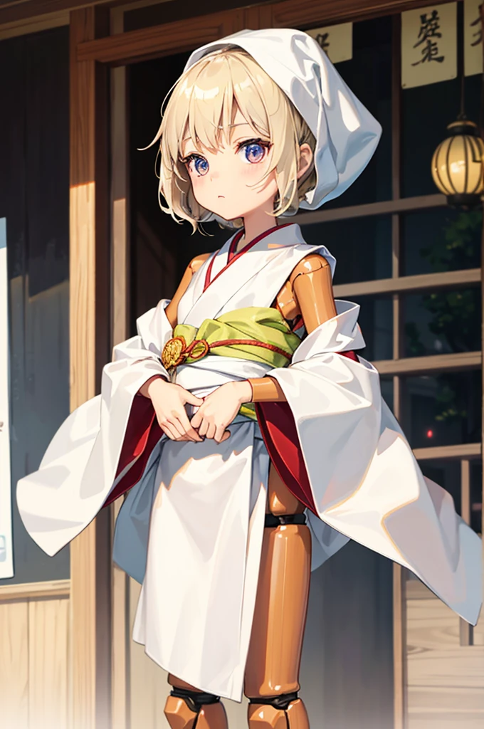 Wooden Humanoid Puppet,Wood grain body,child女に似せて作られた,wear the kimono,child,児,Small,Illustrated,((Hand out a towel)),zoom in, body is doll