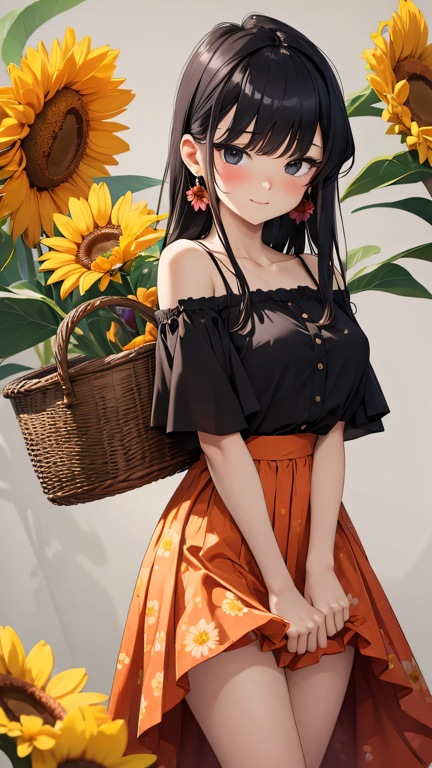 skirt hold, 1girl, lifted by self, clothes lift, flower, skirt lift, skirt basket, earrings, orange flower, solo, curtsey, long hair, dress lift, skirt, jewelry, yellow flower, black hair, sunflower, grey background, daisy, breasts, bare shoulders, dress, black skirt, looking at viewer, smile, bangs, feet out of frame, shirt, collarbone, floral background, gradient, blush, red flower