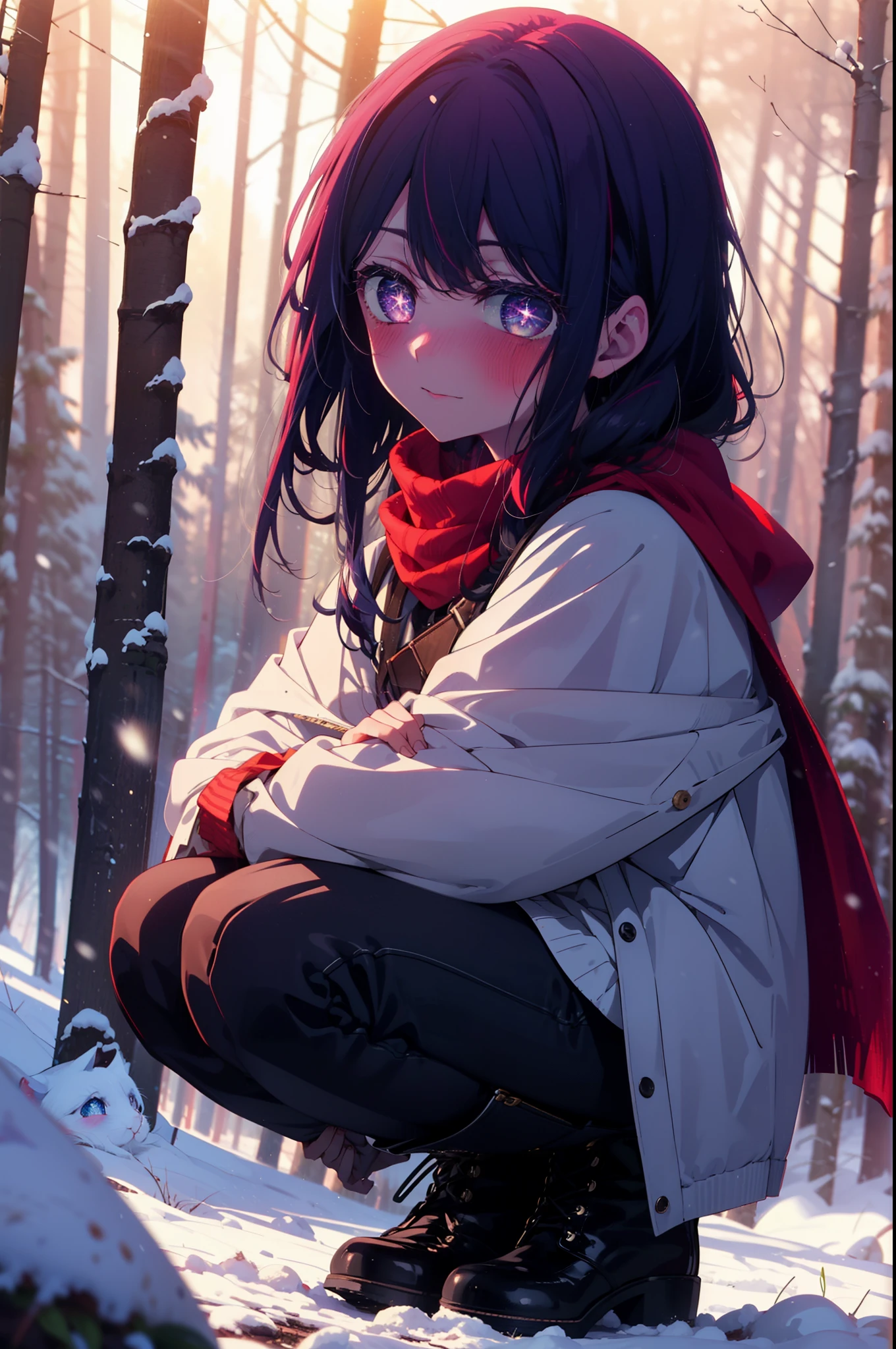 aihoshino, Ai Hoshino, Long Hair, bangs, (Purple eyes:1.1), Purple Hair, (Symbol-shaped pupil:1.5), smile,,smile,blush,white breath,
Open your mouth,snow,Ground bonfire, Outdoor, boots, snowing, From the side, wood, suitcase, Cape, Blurred, , forest, White handbag, nature,  Squat, Mouth closed, Cape, winter, Written boundary depth, Black shoes, red Cape break looking at viewer, Upper Body, whole body, break Outdoor, forest, nature, break (masterpiece:1.2), Highest quality, High resolution, unity 8k wallpaper, (shape:0.8), (Beautiful and beautiful eyes:1.6), Highly detailed face, Perfect lighting, Highly detailed CG, (Perfect hands, Perfect Anatomy),