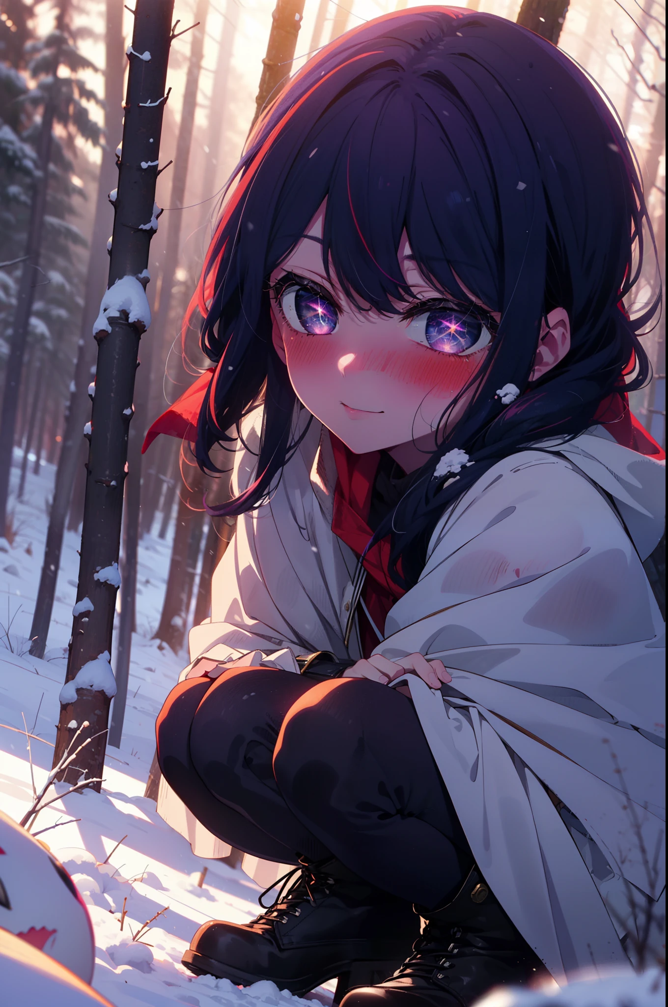 aihoshino, Ai Hoshino, Long Hair, bangs, (Purple eyes:1.1), Purple Hair, (Symbol-shaped pupil:1.5), smile,,smile,blush,white breath,
Open your mouth,snow,Ground bonfire, Outdoor, boots, snowing, From the side, wood, suitcase, Cape, Blurred, , forest, White handbag, nature,  Squat, Mouth closed, Cape, winter, Written boundary depth, Black shoes, red Cape break looking at viewer, Upper Body, whole body, break Outdoor, forest, nature, break (masterpiece:1.2), Highest quality, High resolution, unity 8k wallpaper, (shape:0.8), (Beautiful and beautiful eyes:1.6), Highly detailed face, Perfect lighting, Highly detailed CG, (Perfect hands, Perfect Anatomy),