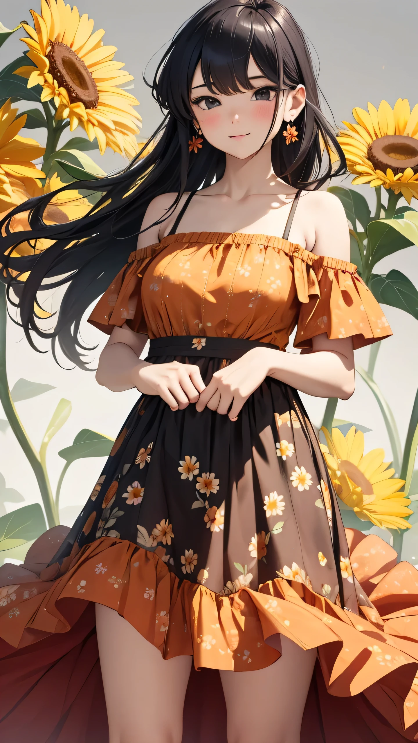 skirt hold, 1girl, lifted by self, clothes lift, flower, skirt lift, skirt basket, earrings, orange flower, solo, curtsey, long hair, dress lift, skirt, jewelry, yellow flower, black hair, sunflower, grey background, daisy, breasts, bare shoulders, dress, black skirt, looking at viewer, smile, bangs, feet out of frame, shirt, collarbone, floral background, gradient, blush, red flower