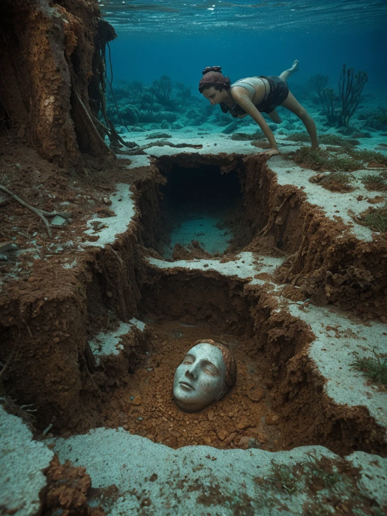 Sunken deep underwater retro old fashioned rusty Statues of ancient praying old woman, made in 1960s is on the bottom of the ocean. Water leaking out of the cracks and open holes..., hyperrealistic, 1960s, closed up, underwater. Underwater life, rust on it