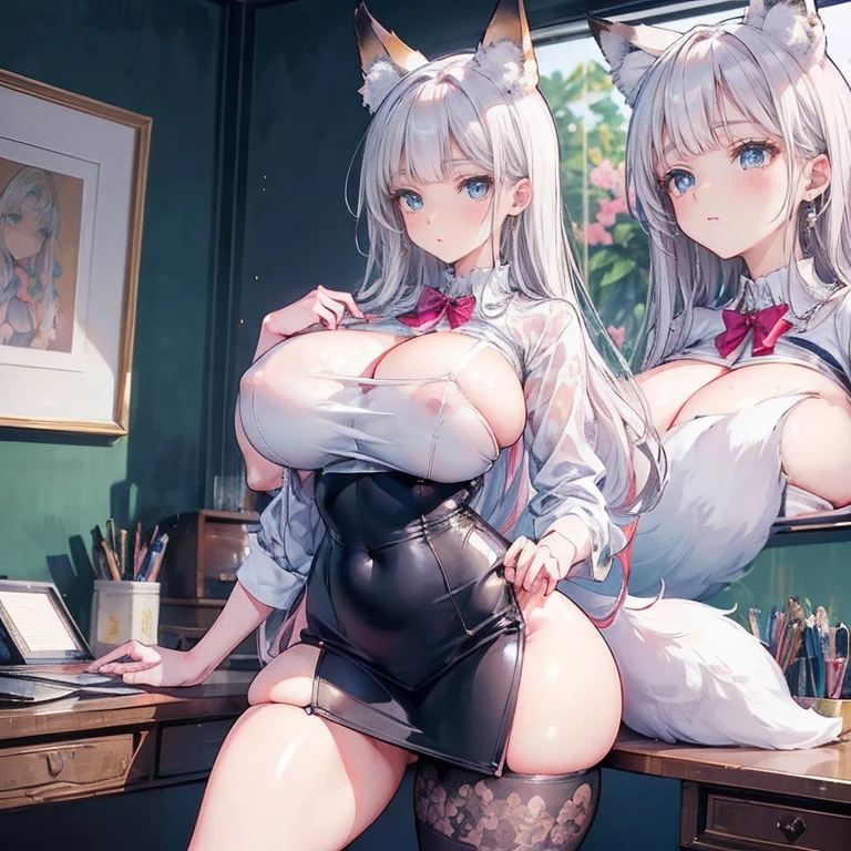 Anime Kawaii sexy Perfect Slim sensual body large breast and huge thighs, An intricate and highly detailed illustration of anime (Young girl). (work of art: 1.5), (best qualityer: 1.5), (face perfect), 1womanl, fox ears, fox tail, secretary, mature woman, Large belly, fat body, voluptuous body, Fitted pencil skirt
, ,