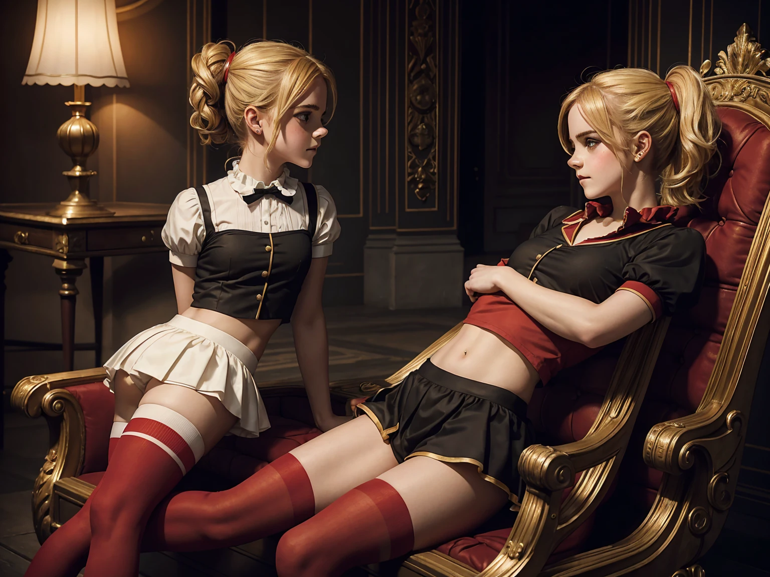 masterpiece. a beautiful two girls emma watson dressed as girl clown. blonde, ponytail, faint smile. intricate tight short uniform, crop top, red socks. dark ambient. on a royal throne.