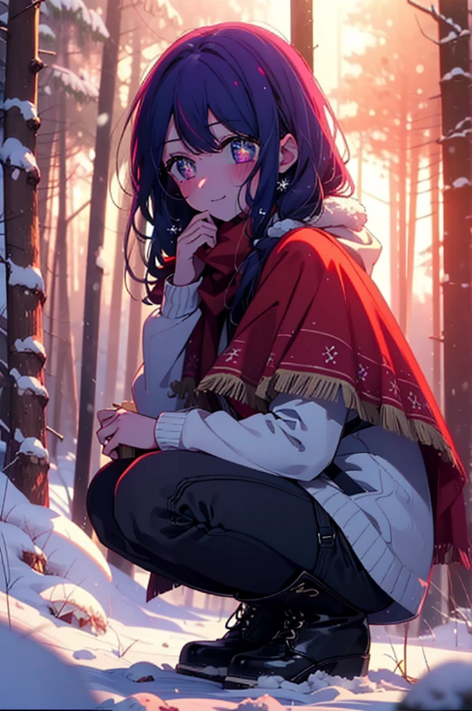 aihoshino, Ai Hoshino, Long Hair, bangs, (Purple eyes:1.1), Purple Hair, (Symbol-shaped pupil:1.5), smile,,smile,blush,white breath,
Open your mouth,snow,Ground bonfire, Outdoor, boots, snowing, From the side, wood, suitcase, Cape, Blurred, , forest, White handbag, nature, Squat, Mouth closed, Cape, winter, Written boundary depth, Black shoes, red Cape break looking at viewer, Upper Body, whole body, break Outdoor, forest, nature, break (masterpiece:1.2), Highest quality, High resolution, unity 8k wallpaper, (shape:0.8), (Beautiful and beautiful eyes:1.6), Highly detailed face, Perfect lighting, Highly detailed CG, (Perfect hands, Perfect Anatomy),