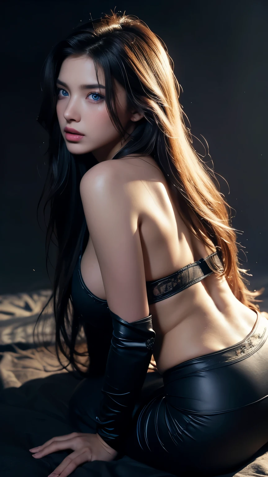 (best quality, 4k, 8k, high-res, masterpiece:1.2), ultra-detailed, (realistic, photorealistic, photo-realistic:1.37), (beautiful detailed eyes, beautiful detailed lips, extremely detailed eyes and face:1.5), (soft lighting:1.5), physically-based rendering, vivid colors, (big tits, super big tits, super extra big tits}, (back, waist, ass:1.5), (black color, bra, thong), (long straight hair, shiny hair, shiny skin), (luxurious bedrooms, chandeliers and decorated salons, blurred background:1.37),
