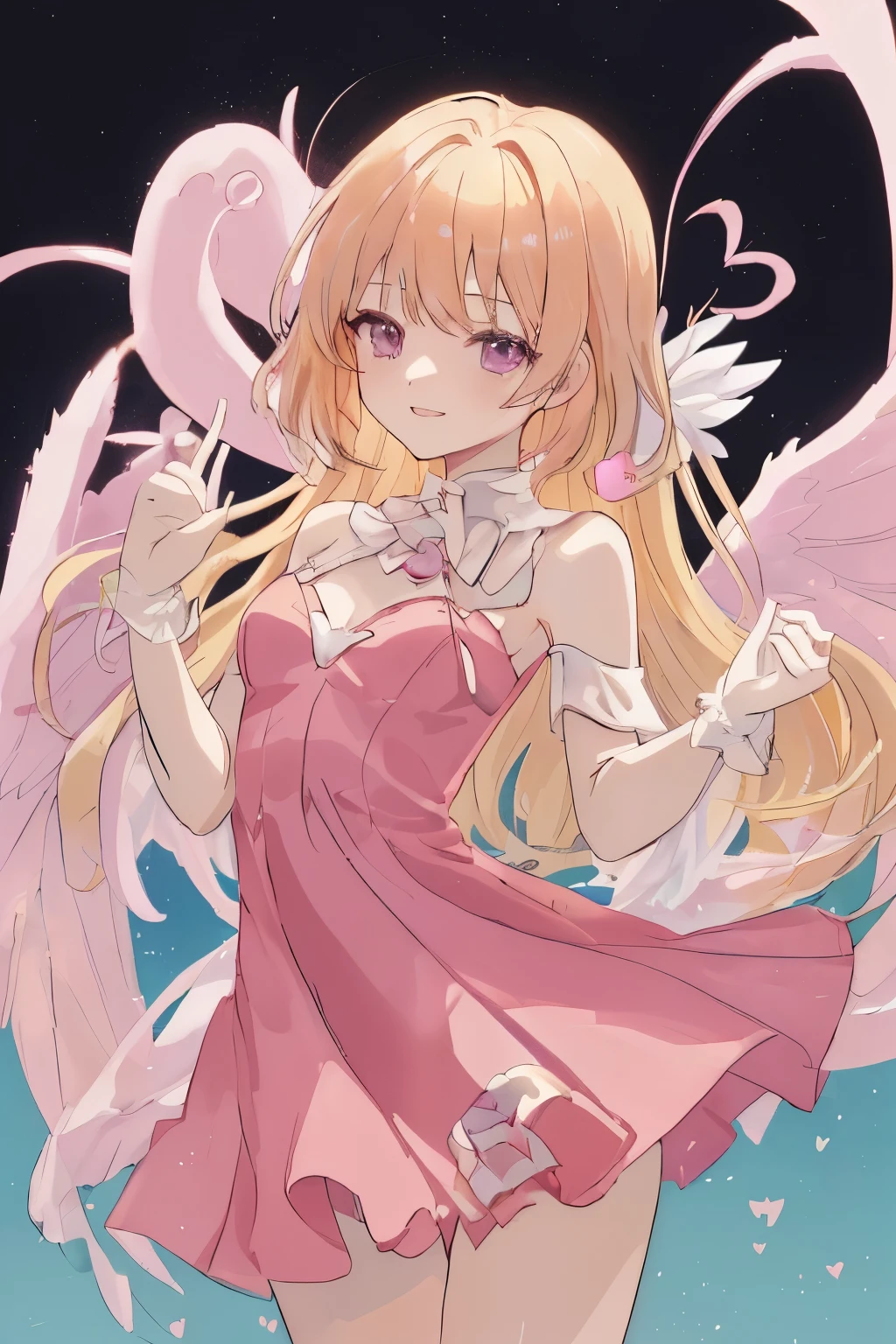 1_girl, (anime, kawai:2), (masterpeice, best_quality, simple, cute, dreamy, vibrant, clean, clear:1.8), (cute, cute_smile, young:1.6), (delicate, beautiful, thin:1.5), (girlfriend, angel:1.8), (green_eyes, simple_eyes:1.3) (long_hair, blond_hair, wearing_pink_dress, pink_angel_wings, gloves:1.8), extremely_delicate, (love:1.5), (love_magic:1.5), (age_size_fits_body), (small_thighs, thin:1.3), (breasts), (eye_level:1.3), (heart_magic, love:1.5), (dancer)
