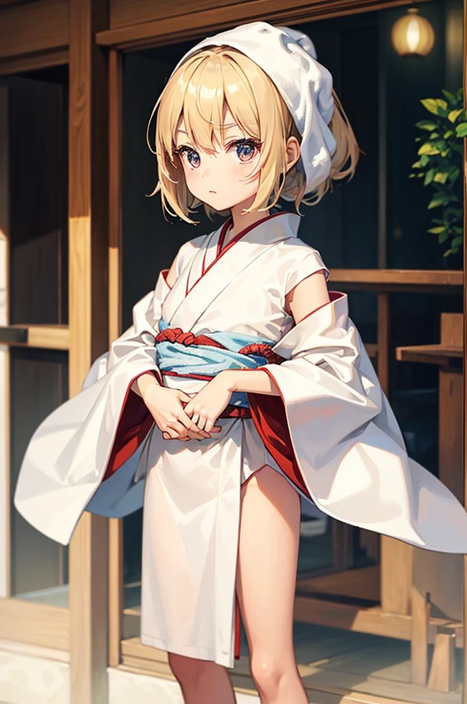 Wooden Humanoid Puppet,Wood grain body,child女に似せて作られた,wear the kimono,child,児,Small,Illustrated,((Hand out a towel)),zoom in, body is doll