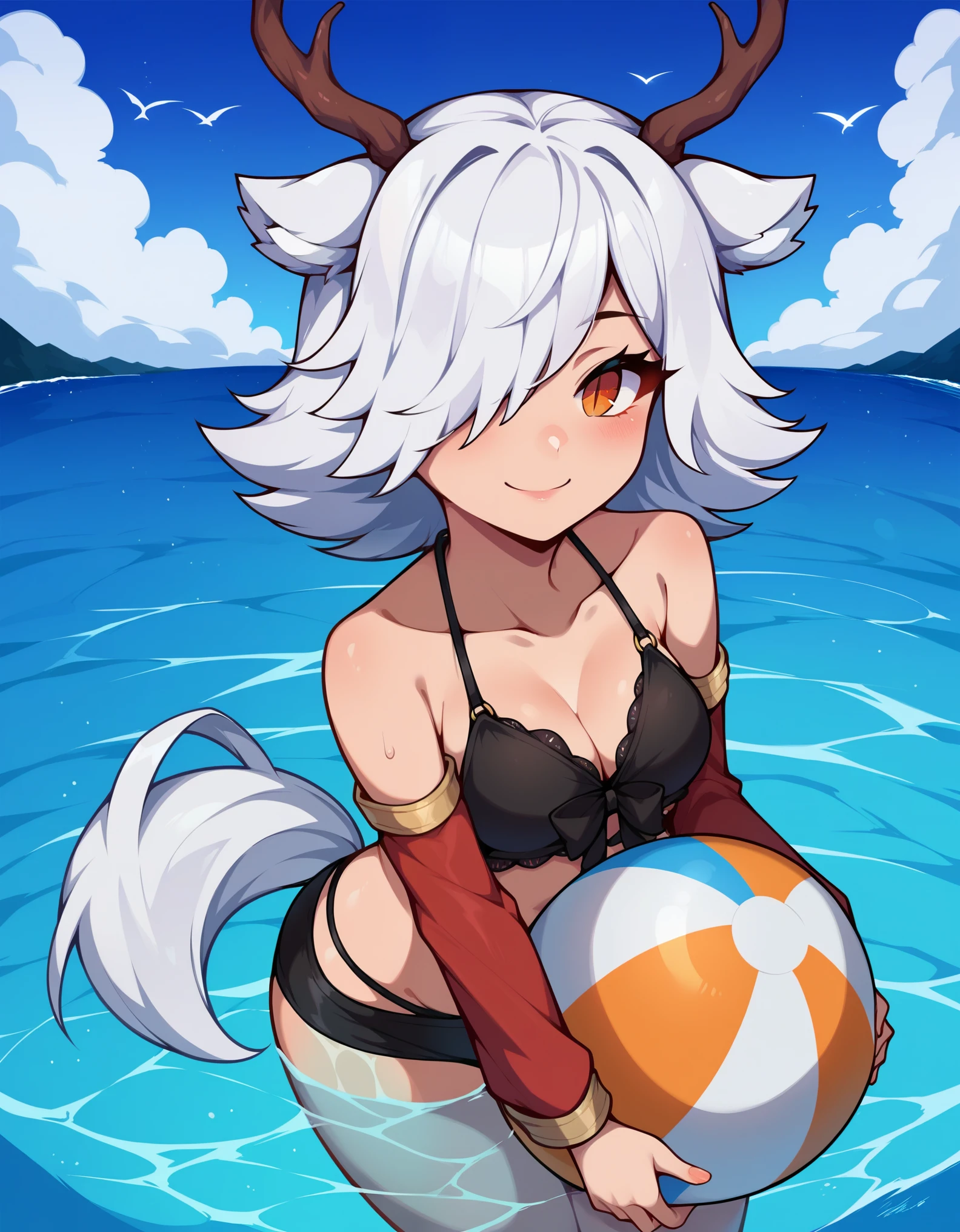 1girl,solo,deer girl,antlers,white hair,animal ears,tail,hair over one eye,orange eyes,slit pupils,black bikini,detached sleeves,
ocean,partially submerged,in water,holding beachball,looking at viewer,smile,blush,, score_9, score_8_up, score_7_up, perfect anatomy, source_anime, zPDXL2,