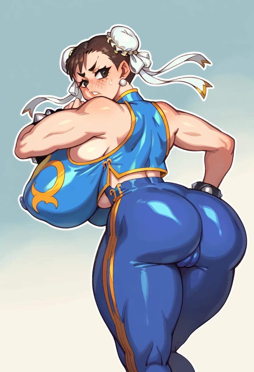 CHUN-LI, brown eyes, double bun, yellow ribbon, blue bodysuit, crop top, sleeveless, wide gigantic ass, from behind, ((gigantic breasts)), underboobs, sideboobs, perky big puffy nipples, ((long erected nipples)), big cameltoe, pouted lips, squinting eyes, embarrassed 