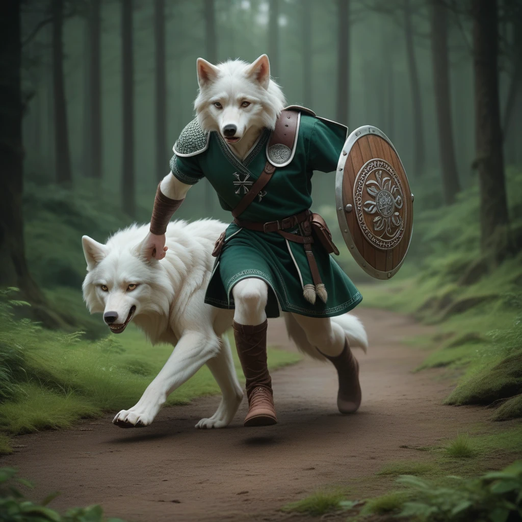 
sequence of images of a giant white wolf in a dark forest running and transforming into a light-skinned human, a Celtic warrior, with a Celtic uniform, shield and sword, full body, full HD 16k