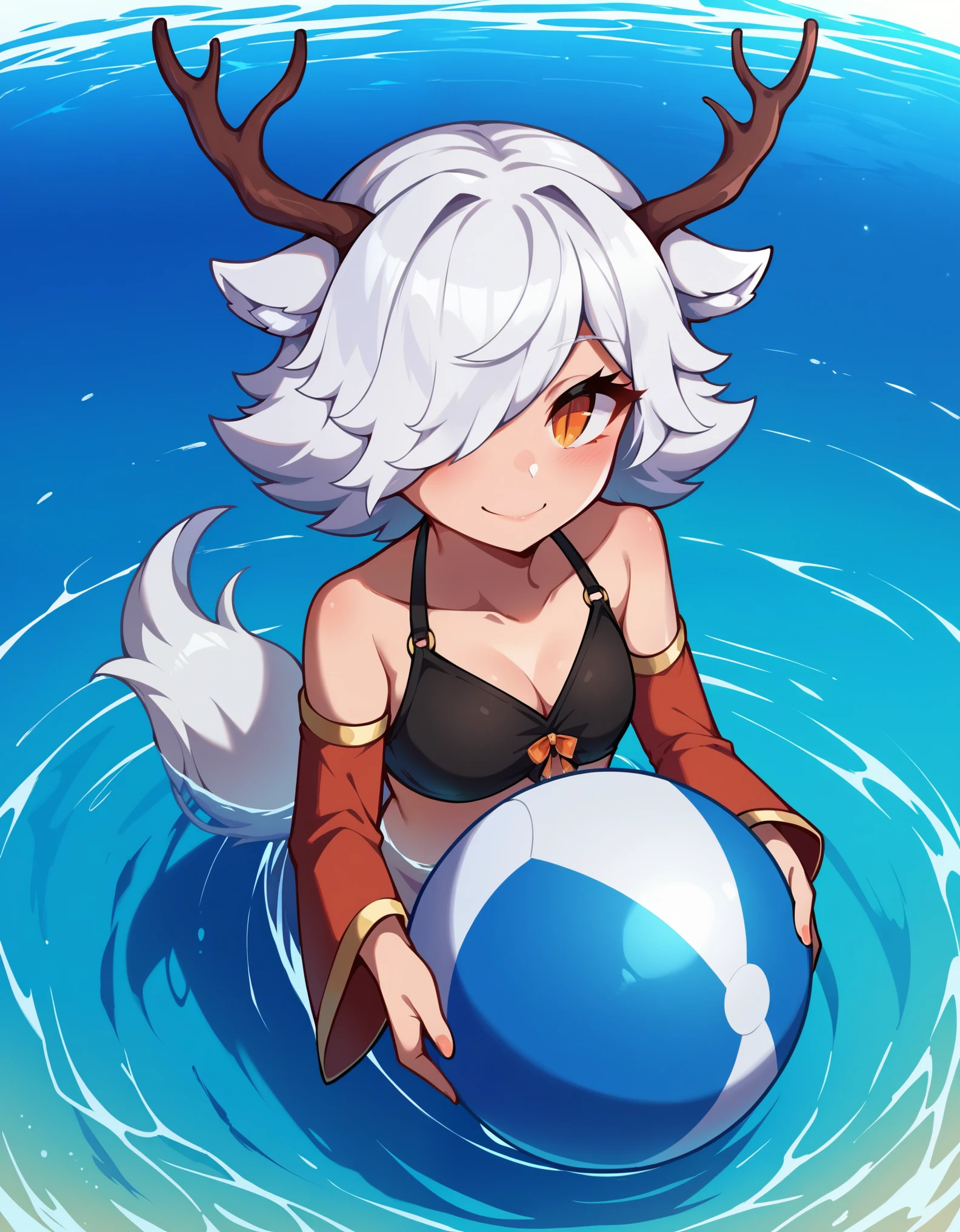 1girl,solo,deer girl,antlers,white hair,animal ears,tail,hair over one eye,orange eyes,slit pupils,black bikini,detached sleeves,
ocean,partially submerged,in water,holding beachball,looking at viewer,smile,blush,, score_9, score_8_up, score_7_up, perfect anatomy, source_anime, zPDXL2,