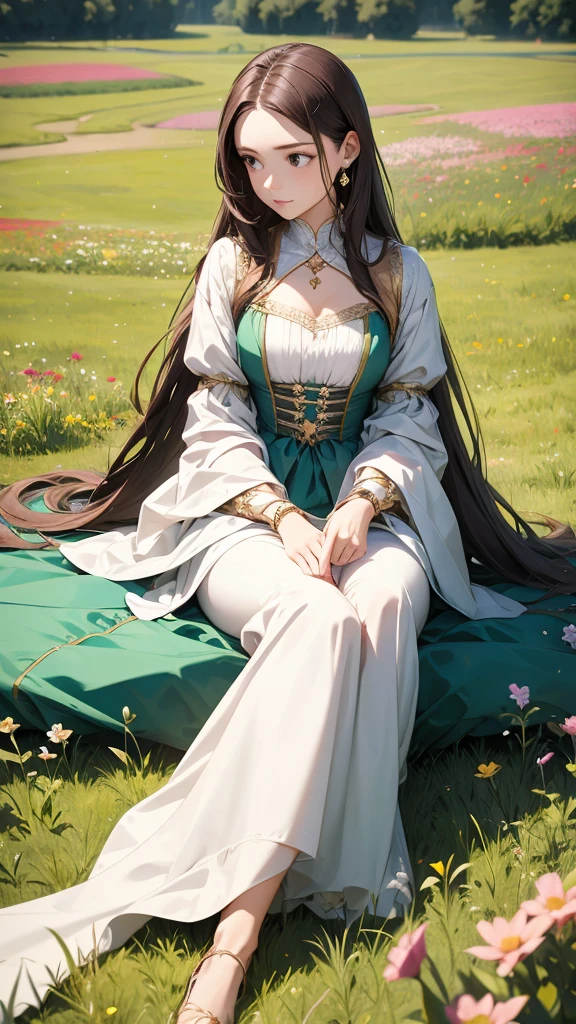 a woman dressed in renaissance dress in a field of flowers and grass, 1girl, solo, jewelry, ring, long hair, sitting