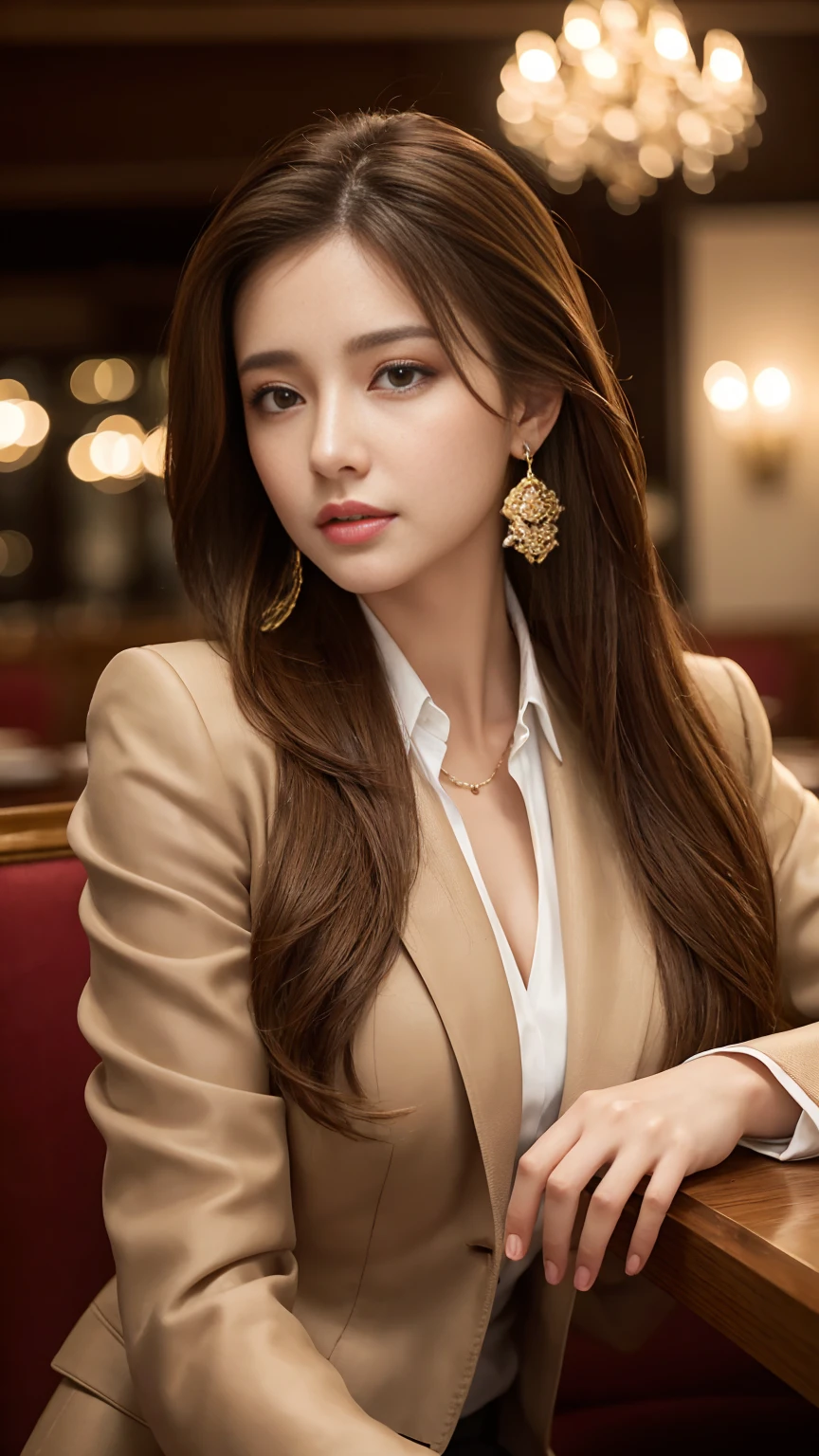masterpiece, Highest quality, Realistic, Very detailed, Finer details, High resolution, 8k wallpaper, One beautiful woman, Wear a nice suit, In a great restaurant, At night, Light brown messy hair, Perfect dynamic composition, Beautiful and beautiful eyes、Big earrings、Sit on a chair、