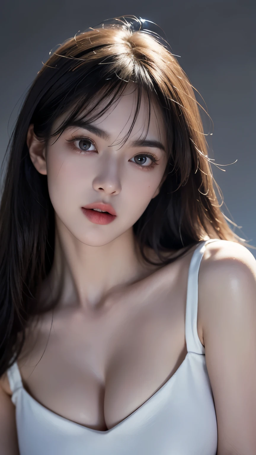 masterpiece, best quality, RAW photos, high resolution, hyper-detailing, Focus on the face, looking at viewer, Detailed eyebrows, realistic beautiful eyes, realistic glossy skin, straight Bangs, realistic movie lighting, detail shaded, high contrast, Slender, big boob, Big breasts, Exposed cleavage, nsfw, Sexy face, Facial expressions when receiving pleasure, ((Dark background)),