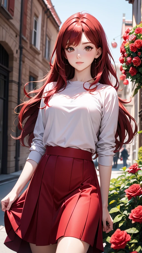a red-haired girl in a red skirt in front of pink and red roses, 1girl, flower, solo, skirt, realistic, sweater, brown hair, long hair