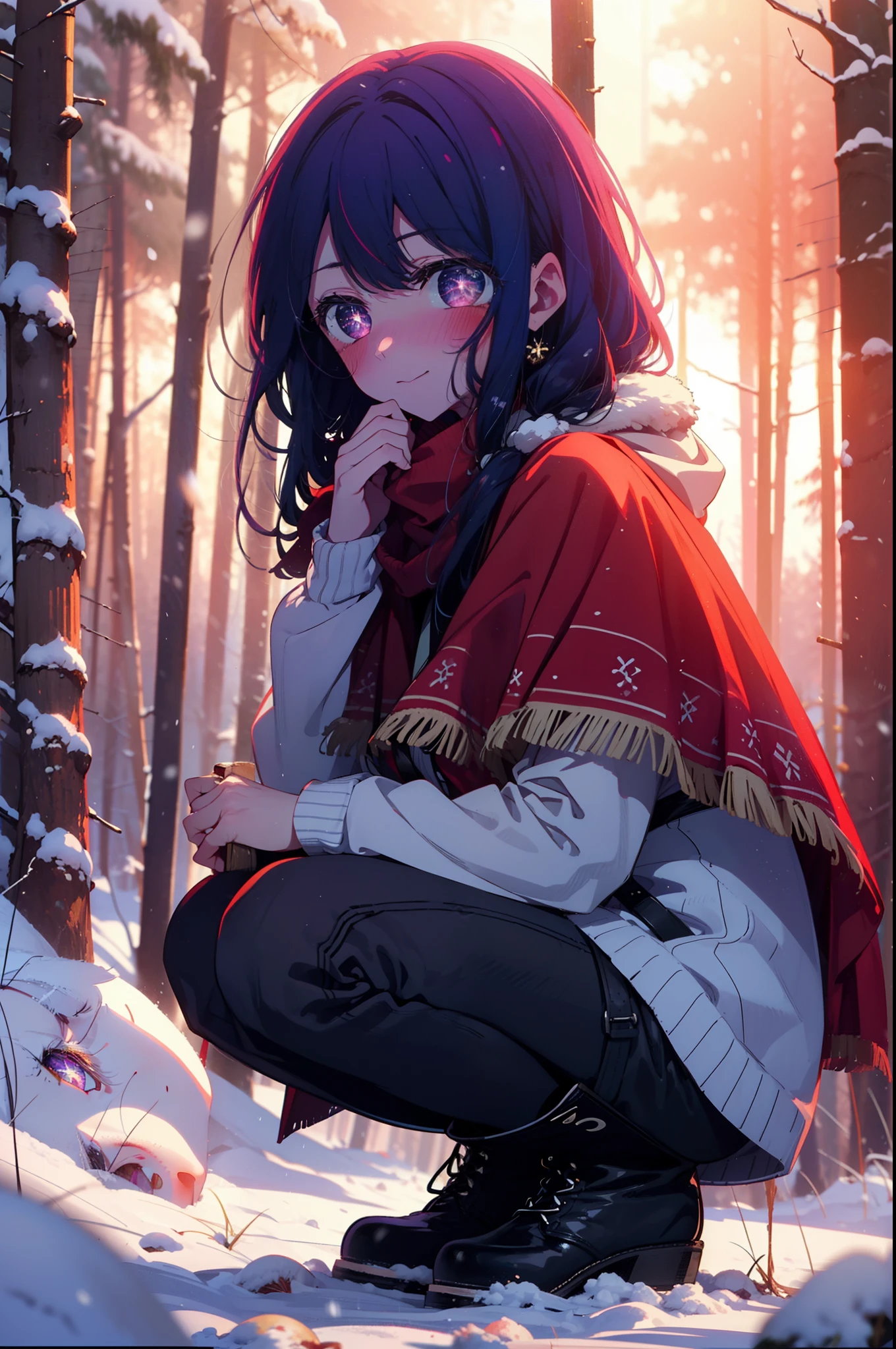 aihoshino, Ai Hoshino, Long Hair, bangs, (Purple eyes:1.1), Purple Hair, (Symbol-shaped pupil:1.5), smile,,smile,blush,white breath,
Open your mouth,snow,Ground bonfire, Outdoor, boots, snowing, From the side, wood, suitcase, Cape, Blurred, , forest, White handbag, nature,  Squat, Mouth closed, Cape, winter, Written boundary depth, Black shoes, red Cape break looking at viewer, Upper Body, whole body, break Outdoor, forest, nature, break (masterpiece:1.2), Highest quality, High resolution, unity 8k wallpaper, (shape:0.8), (Beautiful and beautiful eyes:1.6), Highly detailed face, Perfect lighting, Highly detailed CG, (Perfect hands, Perfect Anatomy),
