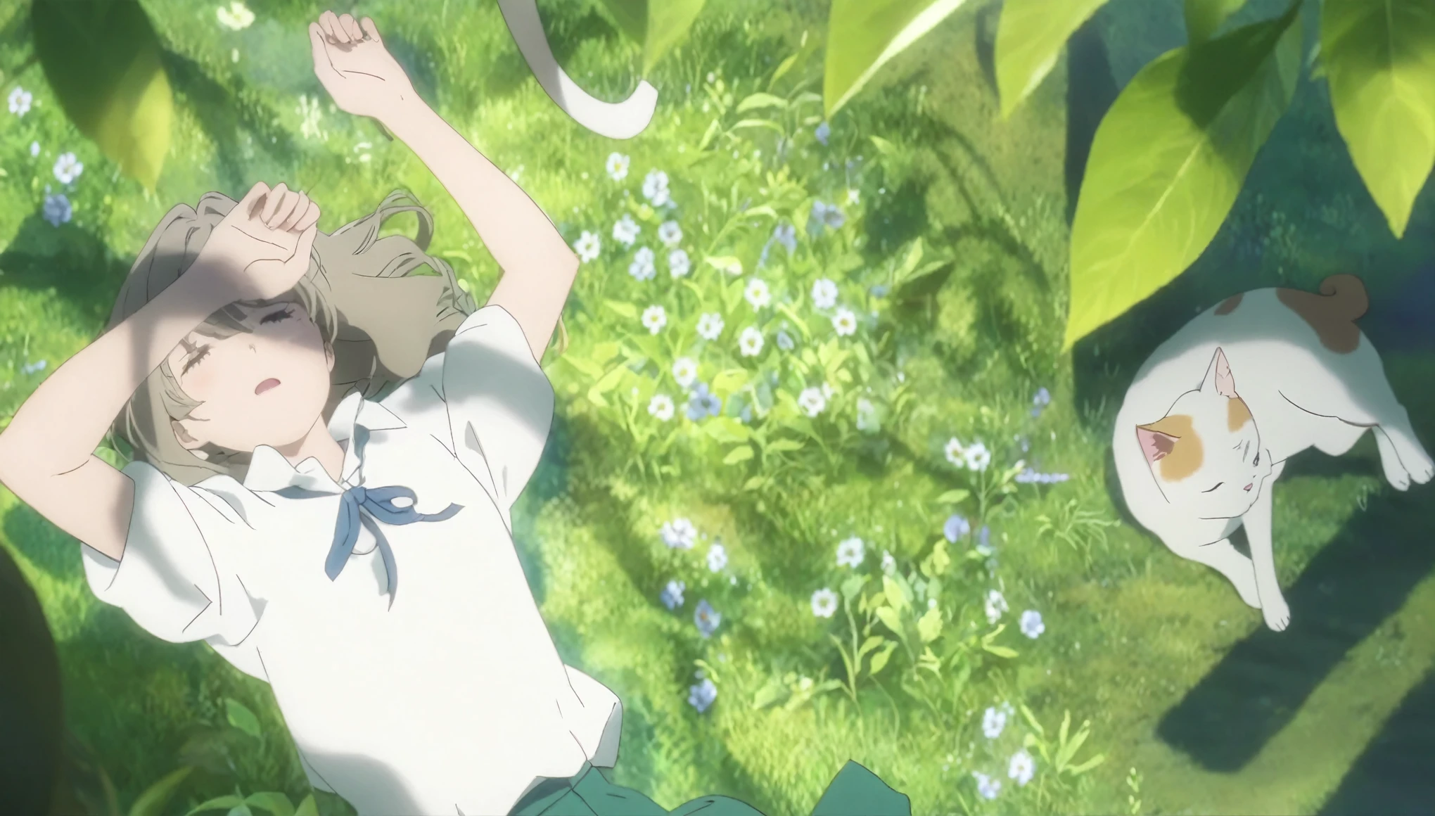 Animation scene of a woman wearing a white shirt and green pants in a flower field, Anime movie screenshots, Anime movie stills, Anime stills film anime shikishi, Cute cat anime visuals, A still from the anime, Anime movie screenshots, Anime stills, today's featured Anime stills, Violet Evergarden, Anime Rush John 8k Woods