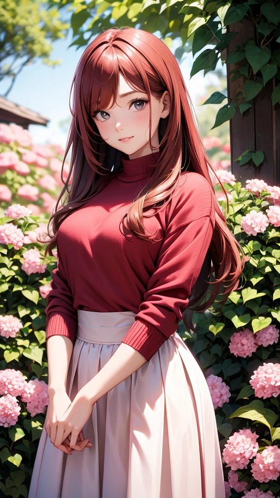 beautiful red haired woman in pink sweater standing in flowering bush, 1girl, flower, solo, skirt, realistic, sweater, brown hair, long hair