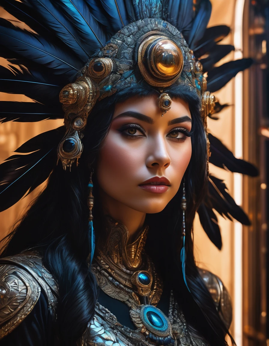 oil painting style, spaceship interior, beautiful busty woman, black feather headdress, detailed face, detailed eyes, detailed lips, extremely detailed, intricate details, cinematic lighting, dramatic shadows, vivid colors, photorealistic, 8k, high quality, masterpiece, digital art