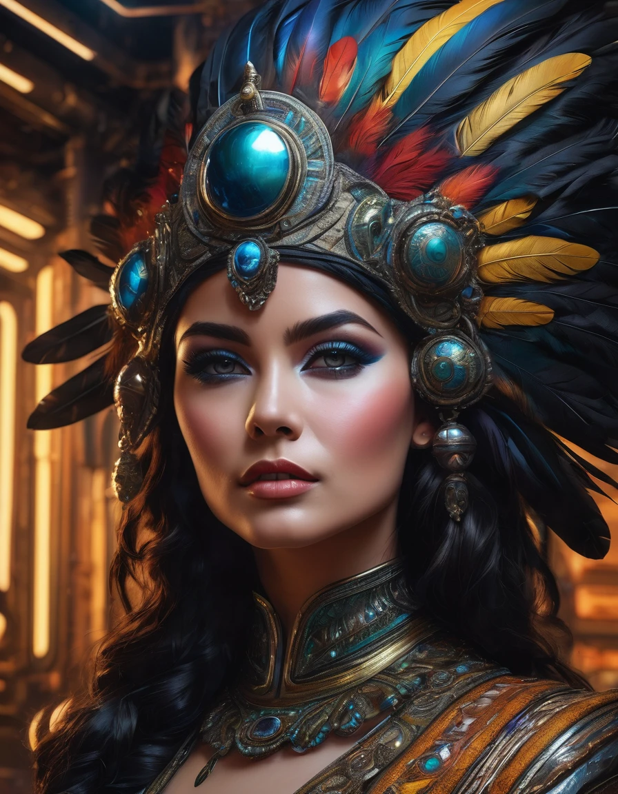 oil painting style, spaceship interior, beautiful busty woman, black feather headdress, detailed face, detailed eyes, detailed lips, extremely detailed, intricate details, cinematic lighting, dramatic shadows, vivid colors, photorealistic, 8k, high quality, masterpiece, digital art