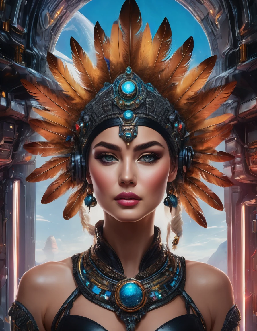 oil painting style, spaceship interior, beautiful busty woman, black feather headdress, detailed face, detailed eyes, detailed lips, extremely detailed, intricate details, cinematic lighting, dramatic shadows, vivid colors, photorealistic, 8k, high quality, masterpiece, digital art