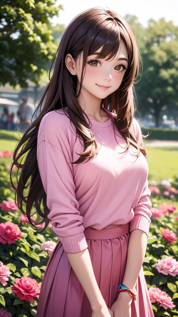 a woman wearing a pink shirt smiling with pink and red flowers behind her, 1girl, flower, solo, skirt, realistic, sweater, brown hair, long hair