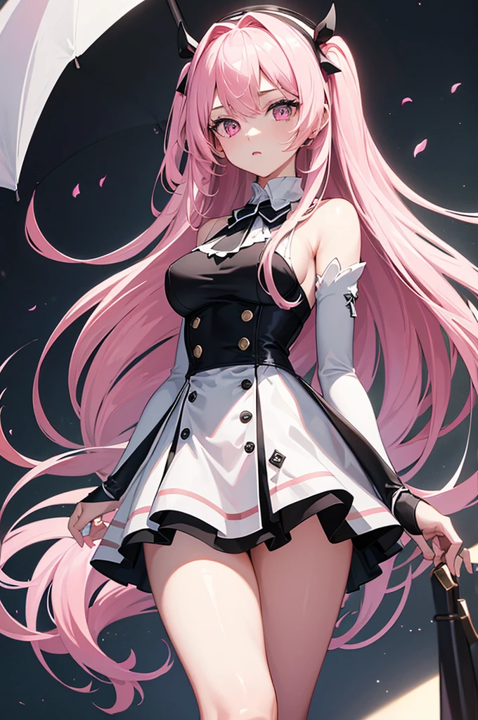 (masterpiece), best quality, expressive eyes, perfect face,high res, ultrasharp, 8K, masterpiece, girl with pink long hair,light pink eyes,black stockings,skirt,white dress,hour glass shape