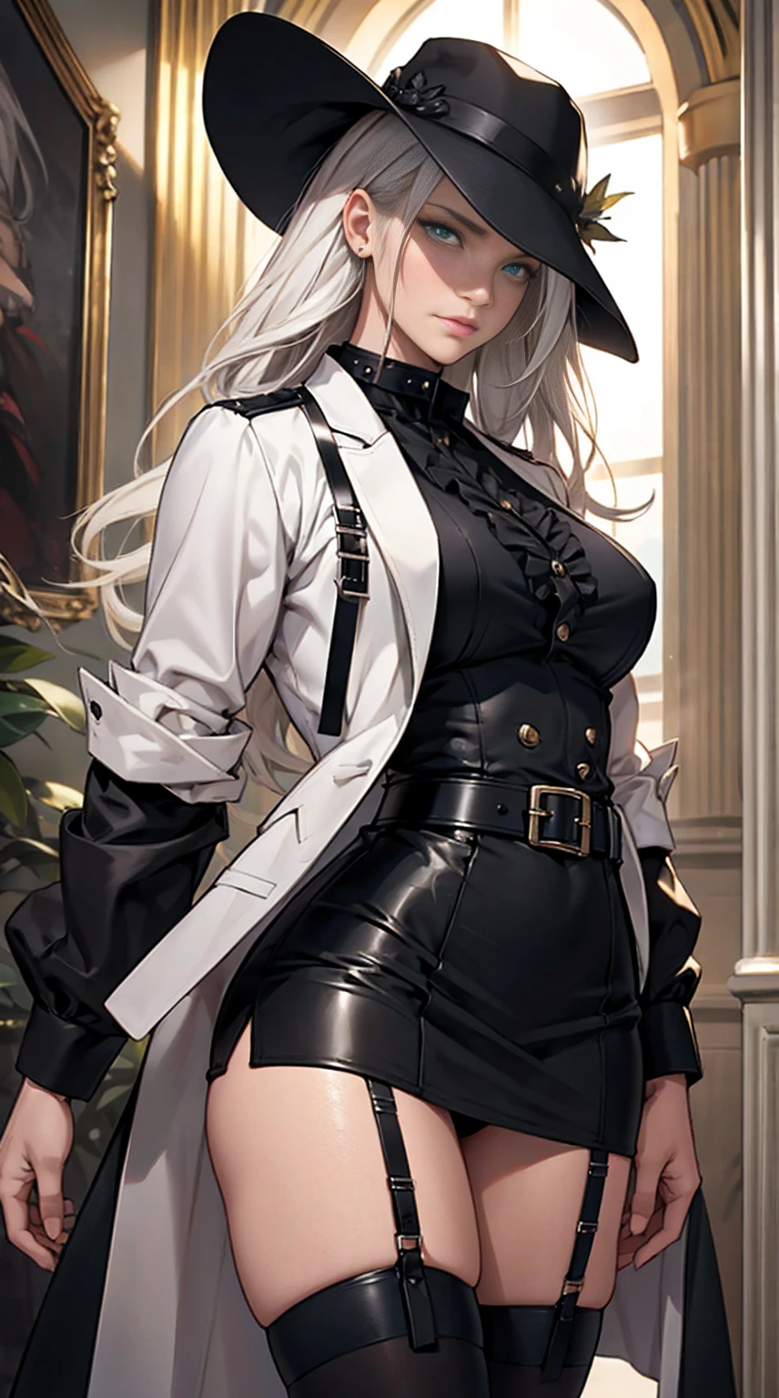 (masterpiece,A high resolution,The best quality:1.2),8k,Very detailed,complex,rich color,vibrant image,clear focus,cinematic light) by rubio,long white hair,green eyes,physicist-culturist (Wear negro business attire,negro_short jacket with shirt and collar,tic,tic,Black ruffle skirt,a garter belt,leather belt) (big, perfect round breasts,hourglass body,pechos bigs cintura delgada,very thin waist, realistic photography,(hyperrealistic:1)pechos bigs hermosos, masterpiece,The best quality at the best.,extremely detailed face,it's the perfect face,Beautiful face,perfect lighting,detailed eye makeup,Face details,Nice detail Ojoano pretty,perfect hand,bright light eyes(realistic student,realistic iris:1)Heavy eye makeup,(empty casino)(Dynamically posing)panties