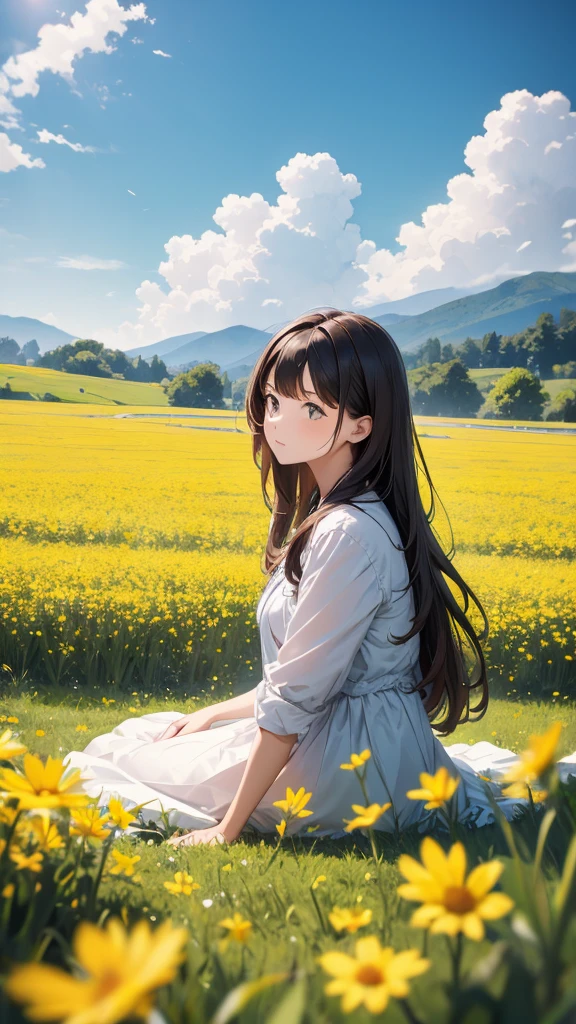 a woman in a field that has yellow flowers and a tree in the bottom right, 1girl, solo, flower, long hair, field