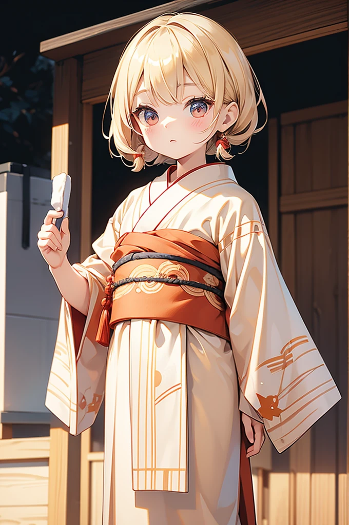 Wooden Humanoid Puppet,Wood grain body,child女に似せて作られた,wear the kimono,child,児,Small,Illustrated,((Hand out a towel)),zoom in, body is doll
