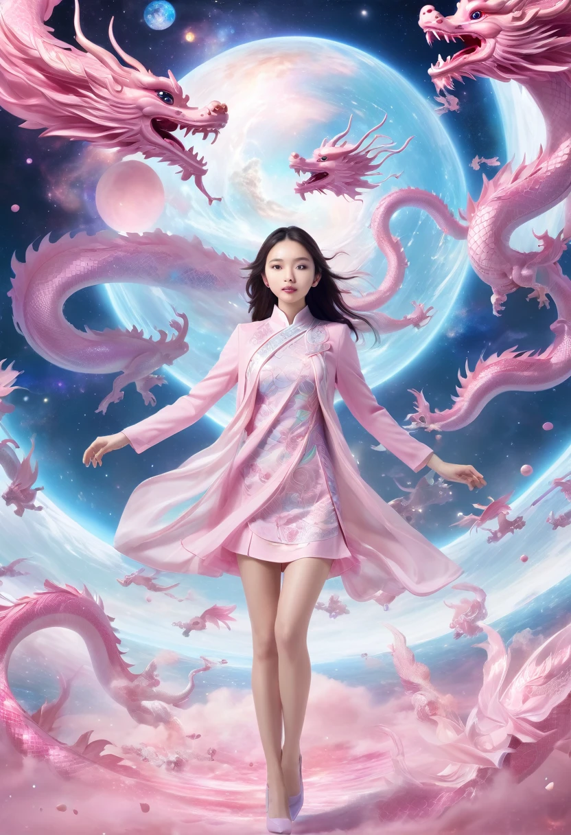 whole body,existentialism,simulation,Multiverse,Fractal,Cute Chinese model floating in space,She is surrounded by Chinese dragons flying around her,Starplane,milky,Ether View,translucent,flash,Ethereal,pink,Panoramic focal length,Texture,Ultra HD,photography