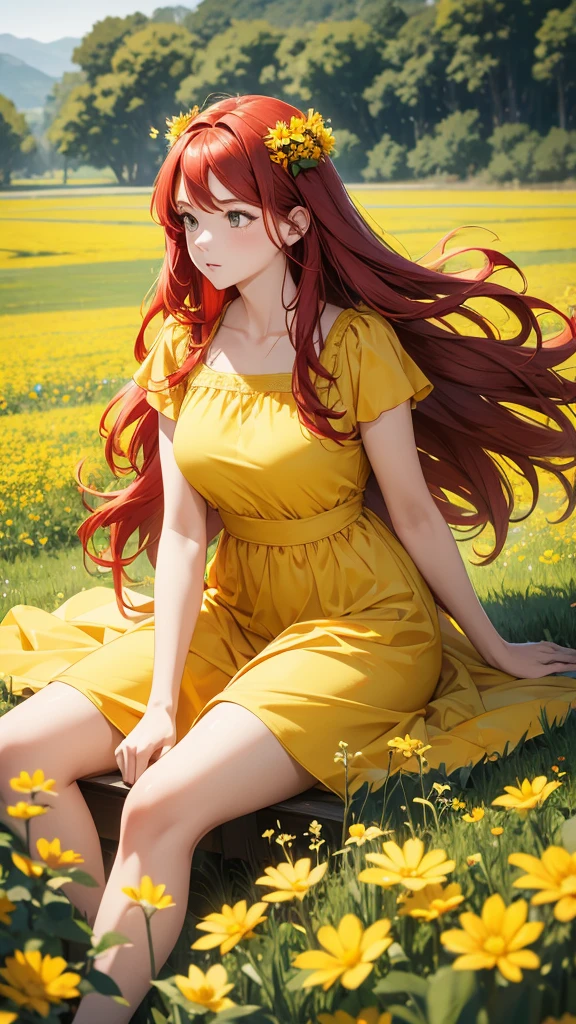 a woman with red hair sitting in a field of yellow flowers wearing a yellow dress and blue headband, 1girl, solo, flower, long hair, field