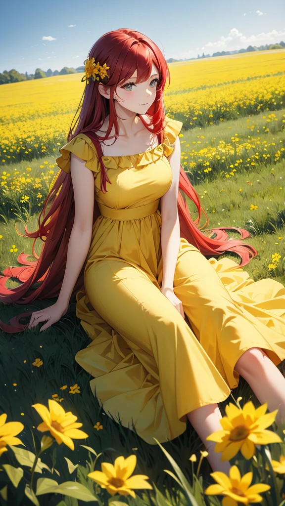 a woman with red hair sitting in a field of yellow flowers wearing a yellow dress and blue headband, 1girl, solo, flower, long hair, field
