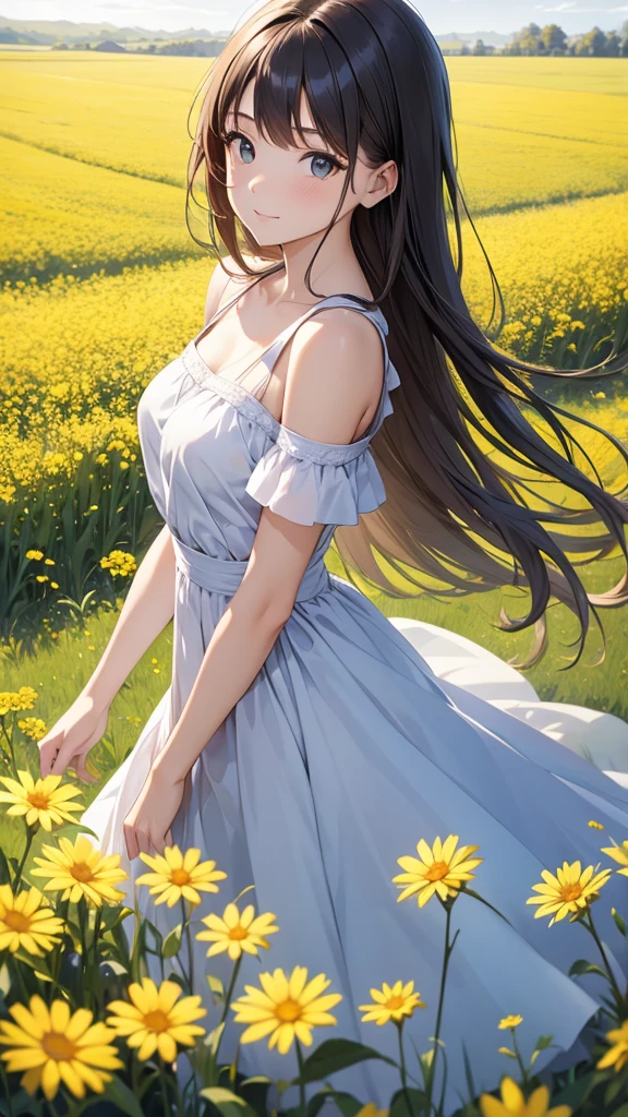 a young woman wearing a dress in a field of yellow flowers,, 1girl, solo, flower, long hair, field