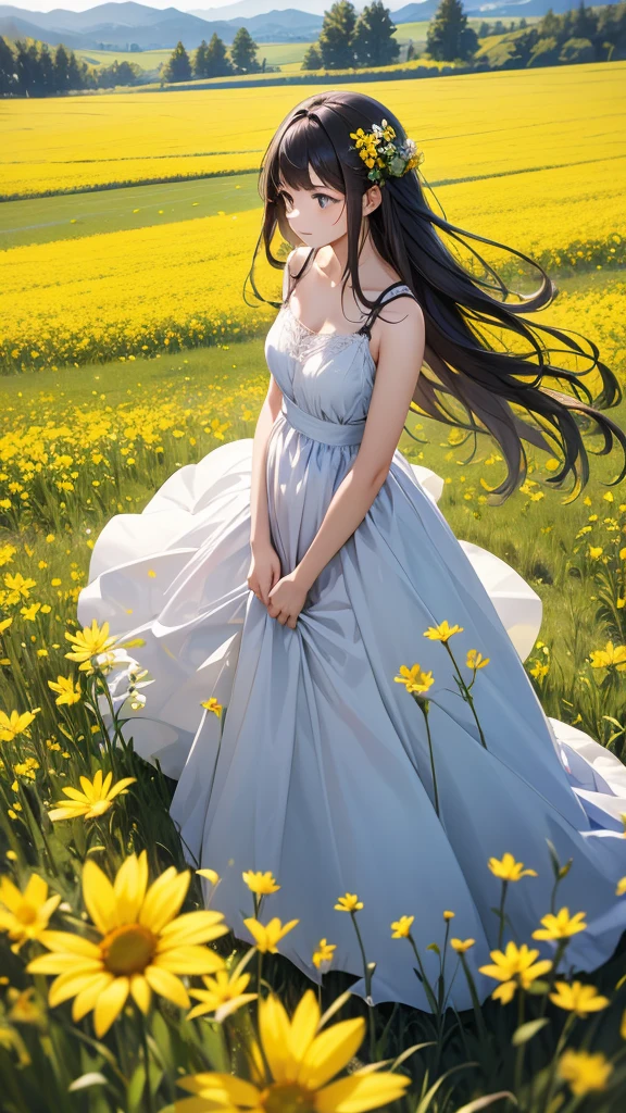 a young woman wearing a dress in a field of yellow flowers,, 1girl, solo, flower, long hair, field