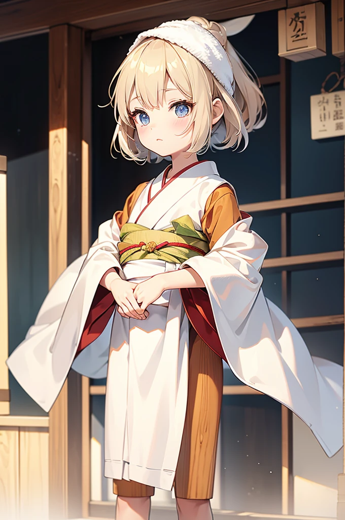 Wooden Humanoid Puppet,Wood grain body,child女に似せて作られた,wear the kimono,child,児,Small,Illustrated,((Hand out a towel)),zoom in, body is doll