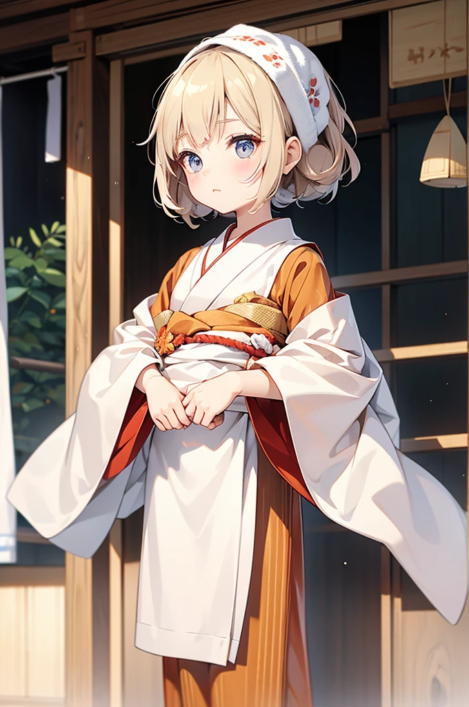 Wooden Humanoid Puppet,Wood grain body,child女に似せて作られた,wear the kimono,child,児,Small,Illustrated,((Hand out a towel)),zoom in, body is doll