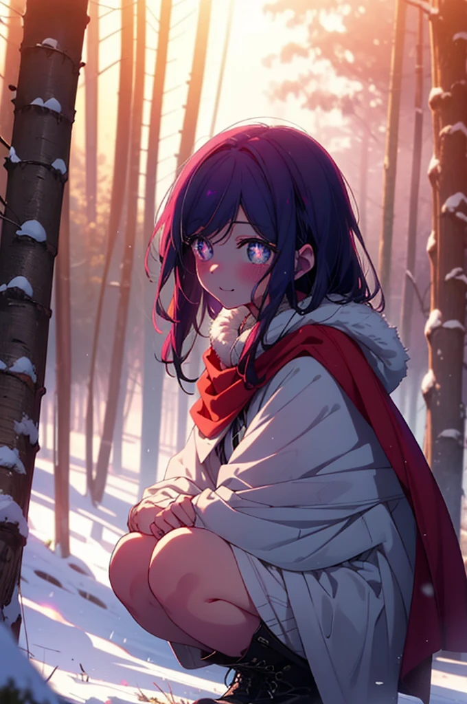 aihoshino, Ai Hoshino, Long Hair, bangs, (Purple eyes:1.1), Purple Hair, (Symbol-shaped pupil:1.5), smile,,smile,blush,white breath,
Open your mouth,snow,Ground bonfire, Outdoor, boots, snowing, From the side, wood, suitcase, Cape, Blurred, , forest, White handbag, nature, Squat, Mouth closed, Cape, winter, Written boundary depth, Black shoes, red Cape break looking at viewer, Upper Body, whole body, break Outdoor, forest, nature, break (masterpiece:1.2), Highest quality, High resolution, unity 8k wallpaper, (shape:0.8), (Beautiful and beautiful eyes:1.6), Highly detailed face, Perfect lighting, Highly detailed CG, (Perfect hands, Perfect Anatomy),