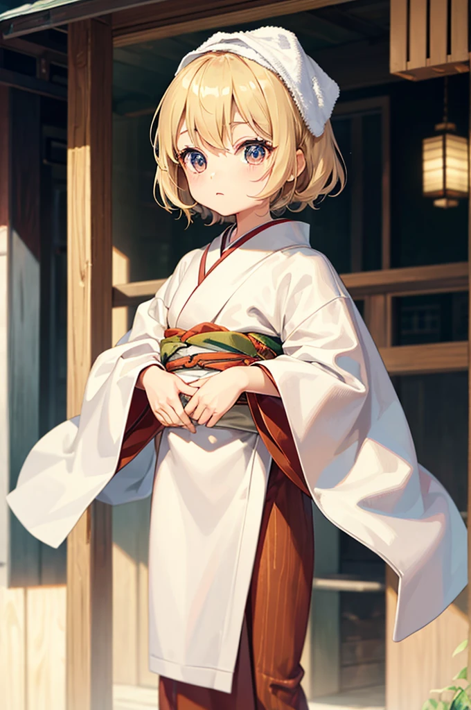 Wooden Humanoid Puppet,Wood grain body,child女に似せて作られた,wear the kimono,child,児,Small,Illustrated,((Hand out a towel)),zoom in, Doll