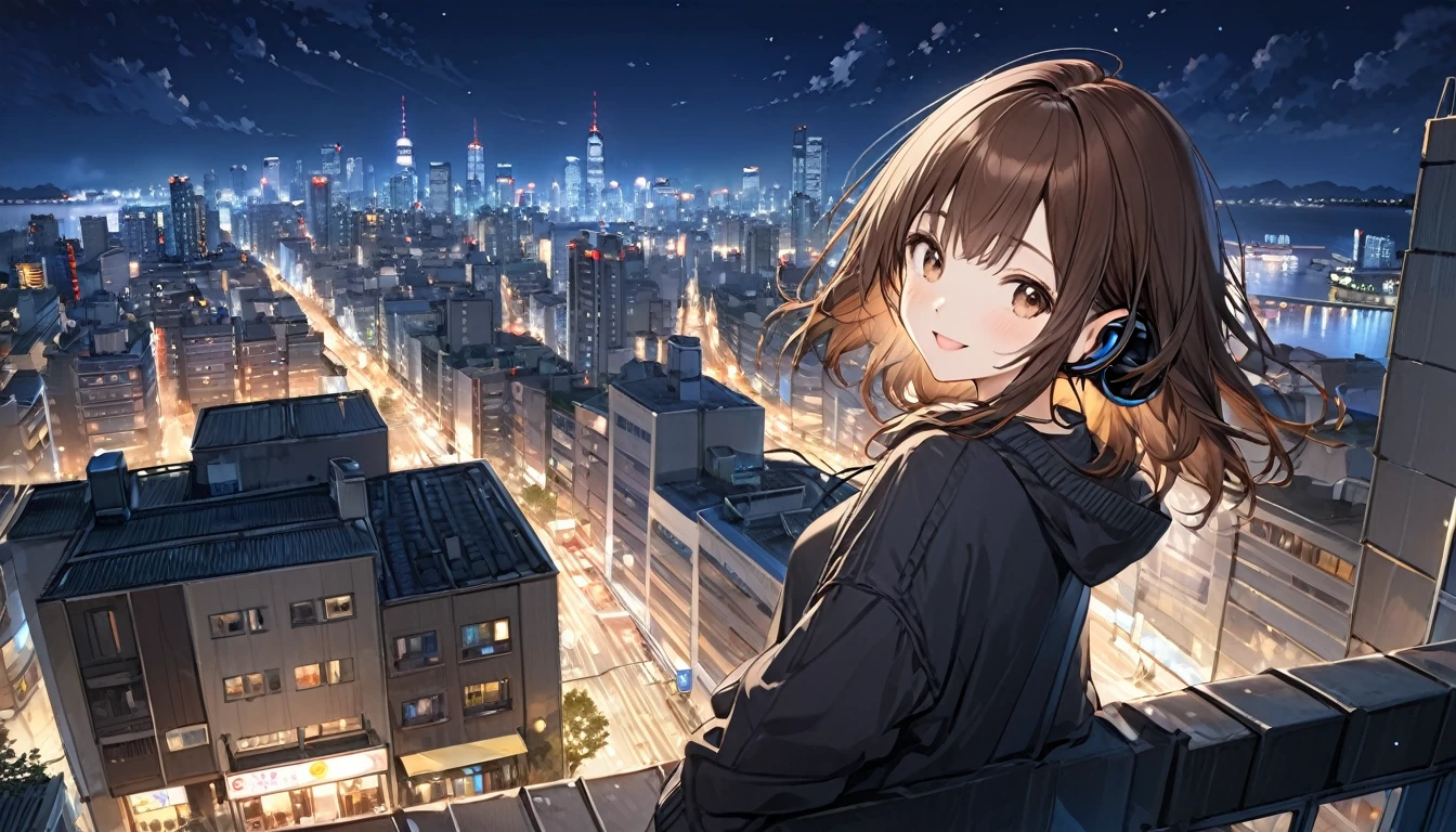 Brown-haired girl wearing headphones、City night view - highly detailed、masterpiece, Highest quality, Bright - City night view in the background、A happy look、Casual clothing、Looking at the night view from the rooftop of a building
