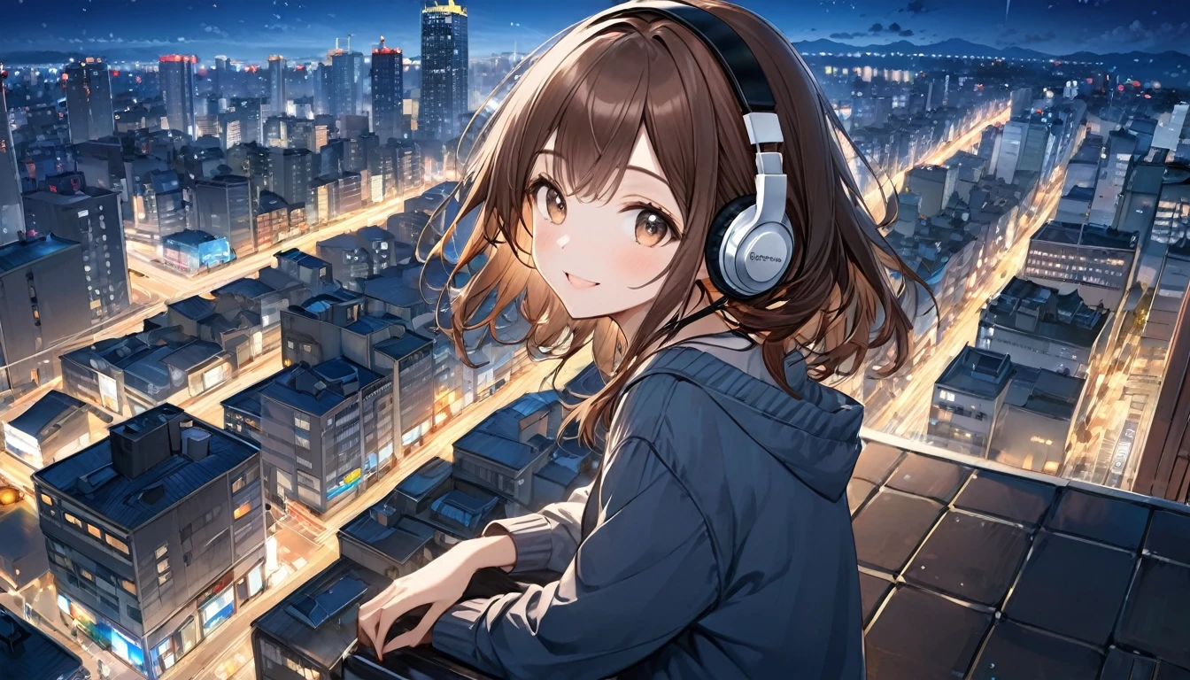 Brown-haired girl wearing headphones、City ht view - highly detailed、masterpiece, Highest quality, Bright - City nigview in the background、A happy look、Casual clothing、Looking at the night w from the rooftop of a building