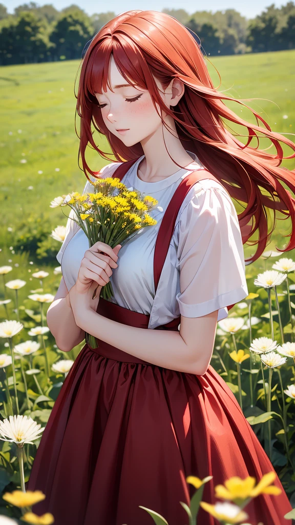 a young redhead woman is smelling dandelions outdoors





 a woman is wearing red dress and holding white flowers, solo, 1girl, flower, freckles, closed eyes, holding flower